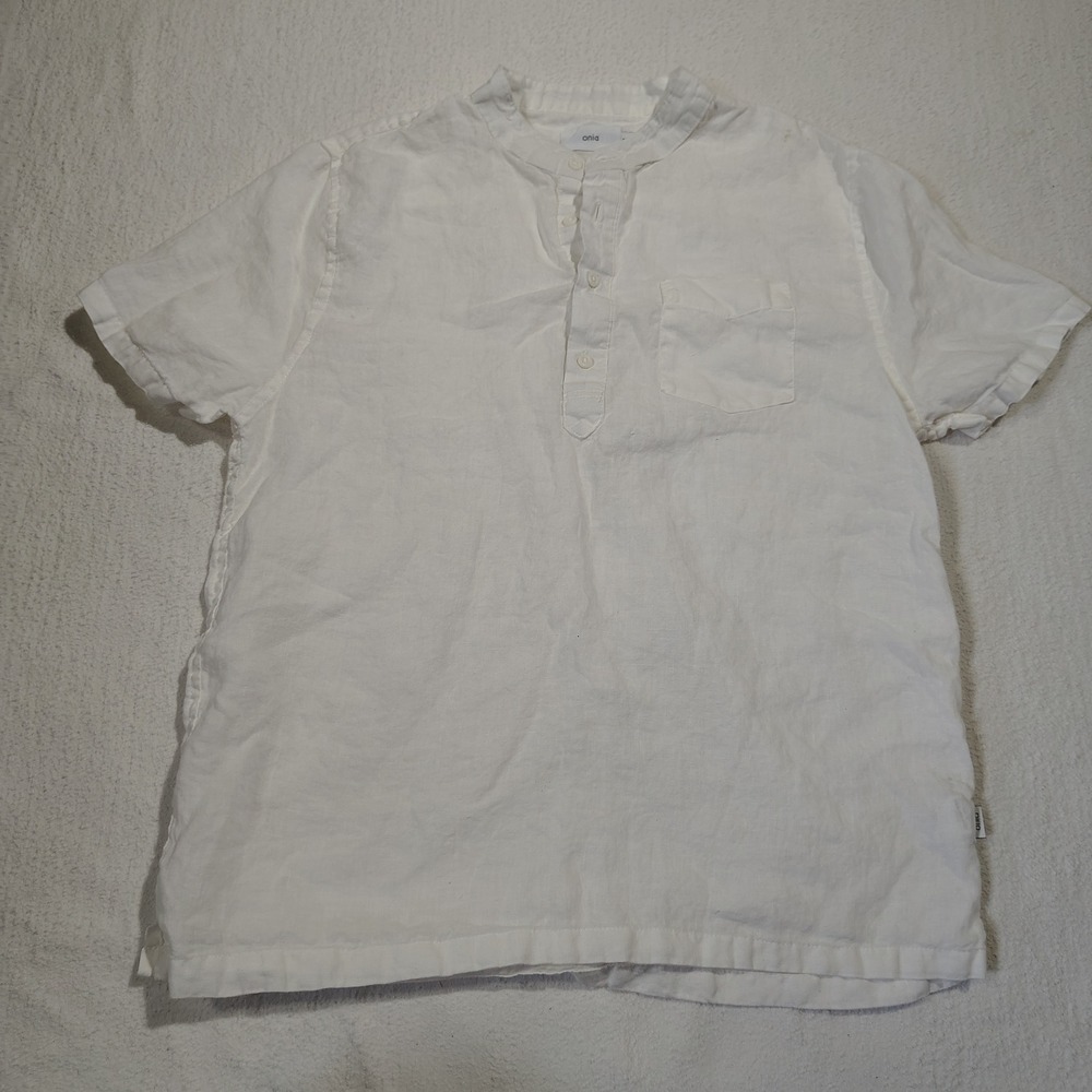 Onia Henley Shirt Mens Medium White Linen Short Sleeve Band Collar Summer Casual